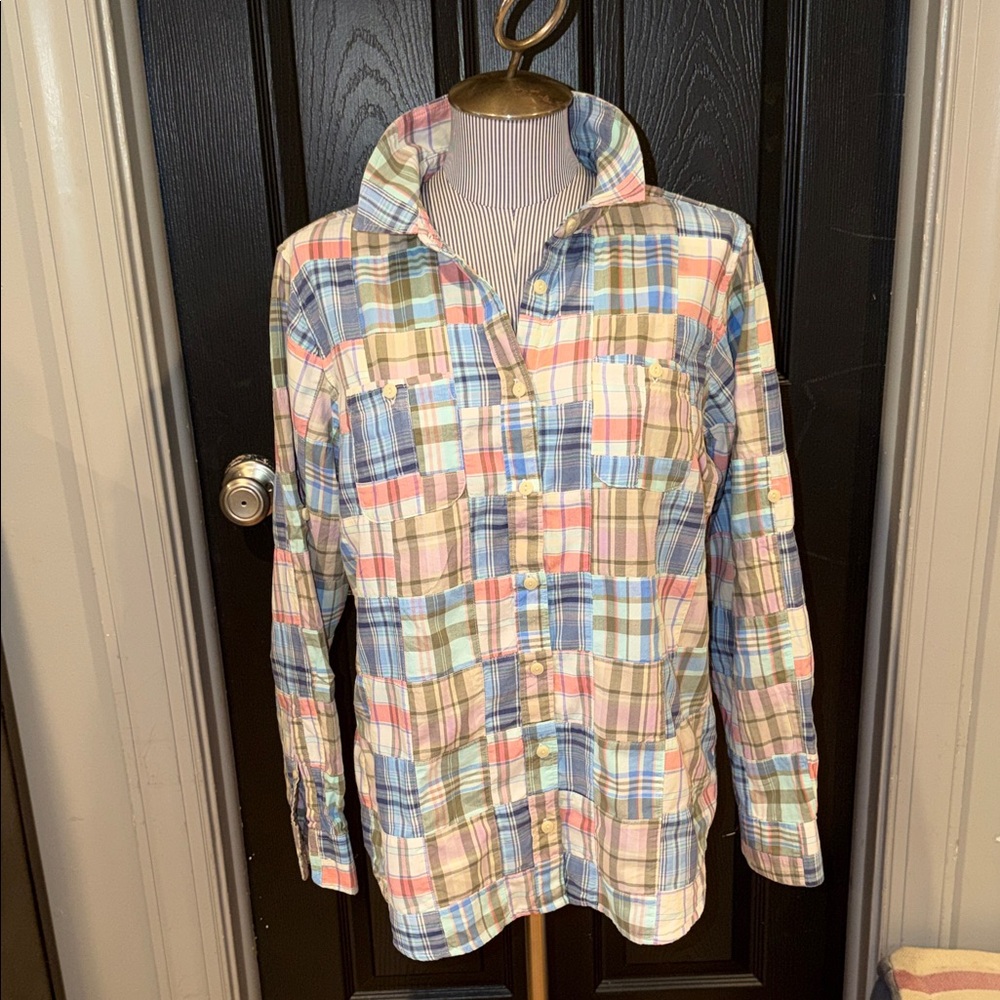 LL Bean Madras Plaid Patchwork Button Down Sz. La… - image 1